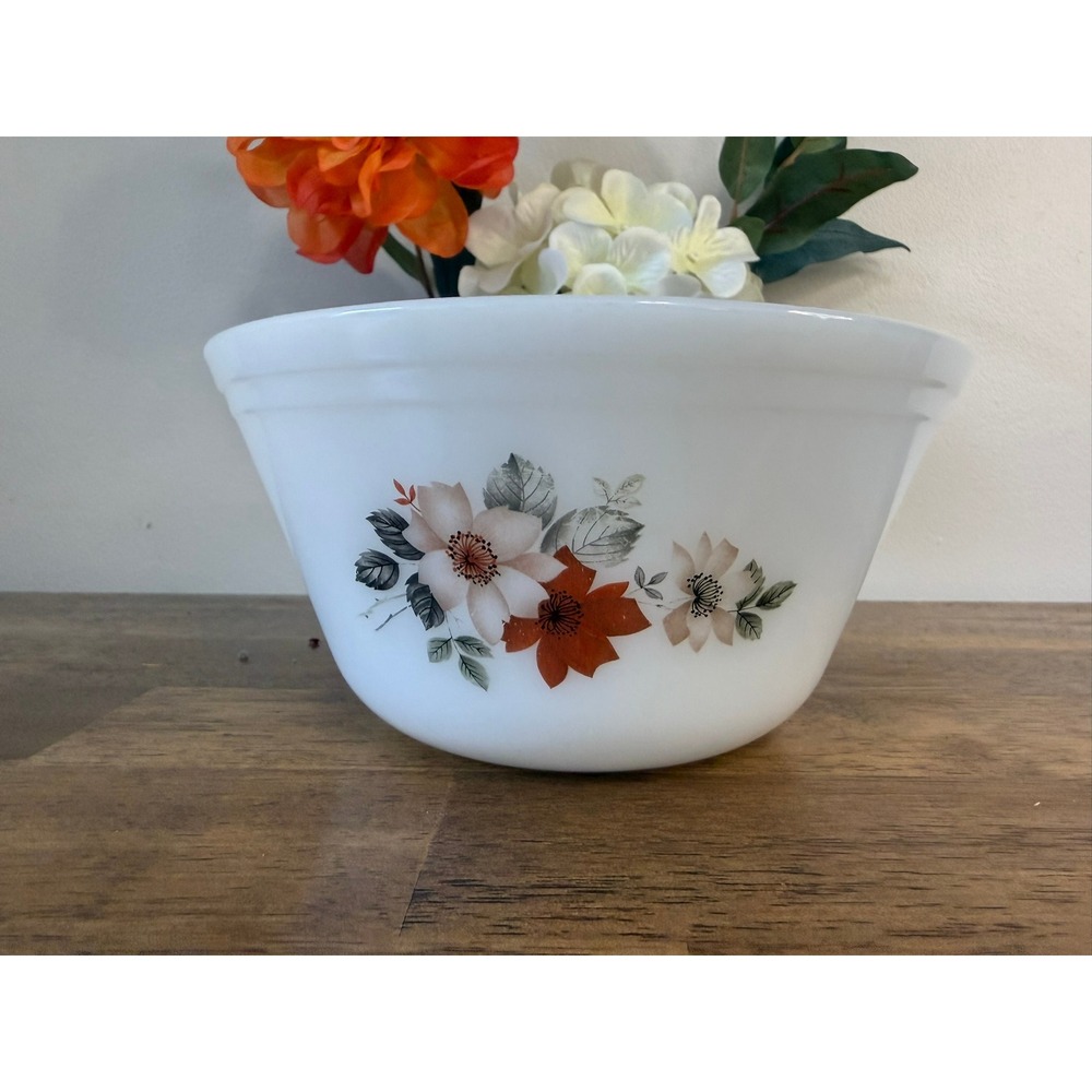 Vintage Federal Glass Milk Glass Floral Mixing Bowl Orange Grey Mid Century USA